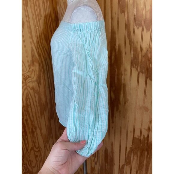 Massimo Dutti Blouse Pullover Top Off Shoulder Long Sleeve Teal Striped Sz US 8 - Picture 3 of 7